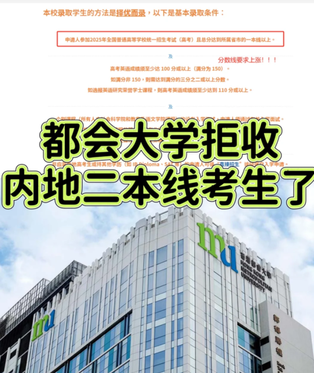 香港都會大學本科申請門檻提升，需一本線！